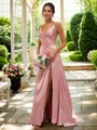 A-line V-Neck Sleeveless Floor-Length Silk like Satin Modest Bridesmaid Dresses