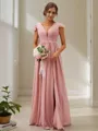 A-line V-Neck Sleeveless Sweep Train Scintillating Chiffon Bridesmaid Dresses
