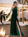 A-line One-Shoulder Charming Sleeveless Sweep Train Velvet Bridesmaid Dresses