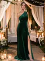 A-line One-Shoulder Charming Sleeveless Sweep Train Velvet Bridesmaid Dresses