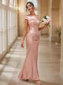 Sheath/Column Scoop Glitter Short Sleeves Floor-Length Sequins Bridesmaid Dresses