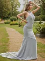 Sophisticated Sheath/Column Halter Sleeveless Sweep Train Stretch Crepe Bridesmaid Dresses