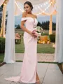 Sheath/Column Off-the-Shoulder Sleeveless Sweep Train Sleek Stretch Crepe Bridesmaid Dresses