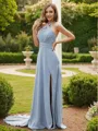 A-line Halter Trendy Sleeveless Sweep Train Chiffon Bridesmaid Dresses