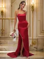 Sheath/Column Square Sleeveless Sweep Train Silk like Satin Streamlined Bridesmaid Dresses