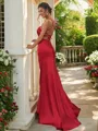 Sheath/Column Square Sleeveless Sweep Train Silk like Satin Streamlined Bridesmaid Dresses
