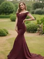 Sheath/Column Elegant Off-the-Shoulder Sleeveless Sweep Train Stretch Crepe Bridesmaid Dresses