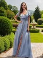 A-line V-Neck Chic Short Sleeves Floor-Length Chiffon Bridesmaid Dresses