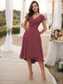A-line V-Neck Modest Short Sleeves Asymmetrical Chiffon Bridesmaid Dresses