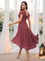 A-line V-Neck Modest Short Sleeves Asymmetrical Chiffon Bridesmaid Dresses