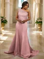 Sheath/Column One-Shoulder Sleeveless Sweep Train Charming Satin Bridesmaid Dresses