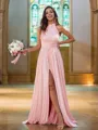 A-line Halter Elegant Sleeveless Floor-Length Jersey Bridesmaid Dresses