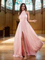 A-line Halter Elegant Sleeveless Floor-Length Jersey Bridesmaid Dresses