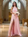 A-line Halter Elegant Sleeveless Floor-Length Jersey Bridesmaid Dresses