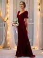 A-line V-Neck Gleaming Short Sleeves Sweep Train Velvet Bridesmaid Dresses