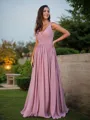 A-line V-Neck Unique Sleeveless Sweep Train Chiffon Bridesmaid Dresses