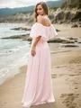 Dreamy A-line Off-the-Shoulder Short Sleeves Sweep Train Chiffon Bridesmaid Dresses