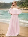 Dreamy A-line Off-the-Shoulder Short Sleeves Sweep Train Chiffon Bridesmaid Dresses