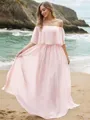 Dreamy A-line Off-the-Shoulder Short Sleeves Sweep Train Chiffon Bridesmaid Dresses