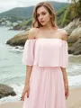 Dreamy A-line Off-the-Shoulder Short Sleeves Sweep Train Chiffon Bridesmaid Dresses