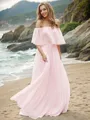 Dreamy A-line Off-the-Shoulder Short Sleeves Sweep Train Chiffon Bridesmaid Dresses