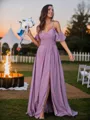 A-line Off-the-Shoulder Subtle Sleeveless Floor-Length Chiffon Bridesmaid Dresses