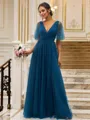 Chic A-line V-Neck Short Sleeves Floor-Length Open Back Tulle Bridesmaid Dresses