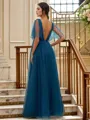 Chic A-line V-Neck Short Sleeves Floor-Length Open Back Tulle Bridesmaid Dresses