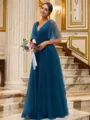Chic A-line V-Neck Short Sleeves Floor-Length Open Back Tulle Bridesmaid Dresses