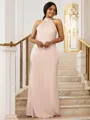 Sheath/Column Halter Sleeveless Floor-Length Silk like Satin Contemporary Bridesmaid Dresses