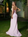 Sheath/Column V-Neck Sleeveless Sweep Train Curve-enhancing Stretch Crepe Bridesmaid Dresses