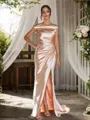 Sheath/Column Off-the-Shoulder Chic Sleeveless Sweep Train Silk like Satin Bridesmaid Dresses