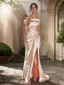 Sheath/Column Off-the-Shoulder Chic Sleeveless Sweep Train Silk like Satin Bridesmaid Dresses