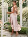 A-line V-Neck Sleeveless Tea-Length Trendy Silk like Satin Bridesmaid Dresses