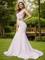 Trumpet/Mermaid V-Neck Sleeveless Sweep Train Sensual Stretch Crepe Bridesmaid Dresses