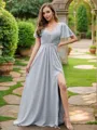 A-line Perfect V-Neck Short Sleeves Floor-Length Chiffon Bridesmaid Dresses