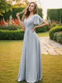 A-line Perfect V-Neck Short Sleeves Floor-Length Chiffon Bridesmaid Dresses