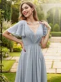 A-line Perfect V-Neck Short Sleeves Floor-Length Chiffon Bridesmaid Dresses
