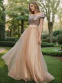 A-line Off-the-Shoulder Sleeveless Floor-Length Exquisite Tulle Bridesmaid Dresses