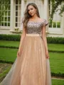 A-line Off-the-Shoulder Sleeveless Floor-Length Exquisite Tulle Bridesmaid Dresses