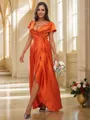 A-line V-Neck Flowing Short Sleeves Floor-Length Silk like Satin Bridesmaid Dresses