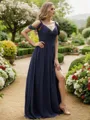 A-line V-Neck Sleeveless Sweep Train Glam Chiffon Bridesmaid Dresses