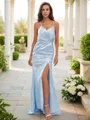 Clingy Sheath/Column Spaghetti Straps Sleeveless Sweep Train Silk like Satin Bridesmaid Dresses