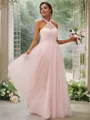Bedazzling A-line Halter Sleeveless Floor-Length Tulle Bridesmaid Dresses