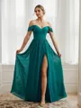 A-line Off-the-Shoulder Unique Sleeveless Floor-Length Chiffon Bridesmaid Dresses