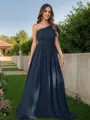 A-line One-Shoulder Stylish Short Sleeves Floor-Length Chiffon Bridesmaid Dresses