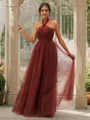 A-line Halter Sleeveless Radiant Floor-Length Tulle Bridesmaid Dresses