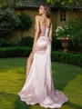 Sheath/Column Sweetheart Sleeveless Form-fitting Sweep Train Silk like Satin Bridesmaid Dresses
