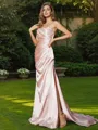 Sheath/Column Sweetheart Sleeveless Form-fitting Sweep Train Silk like Satin Bridesmaid Dresses