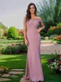 Sheath/Column Off-the-Shoulder Unique Sleeveless Sweep Train Chiffon Bridesmaid Dresses